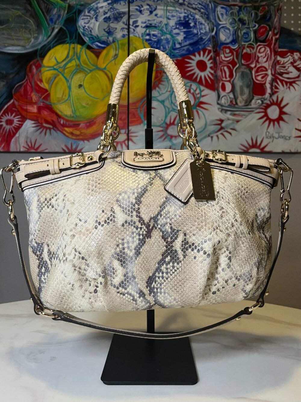 Coach Madison Lindsey Metallic Python Snakeskin Satchel Ivory + COA